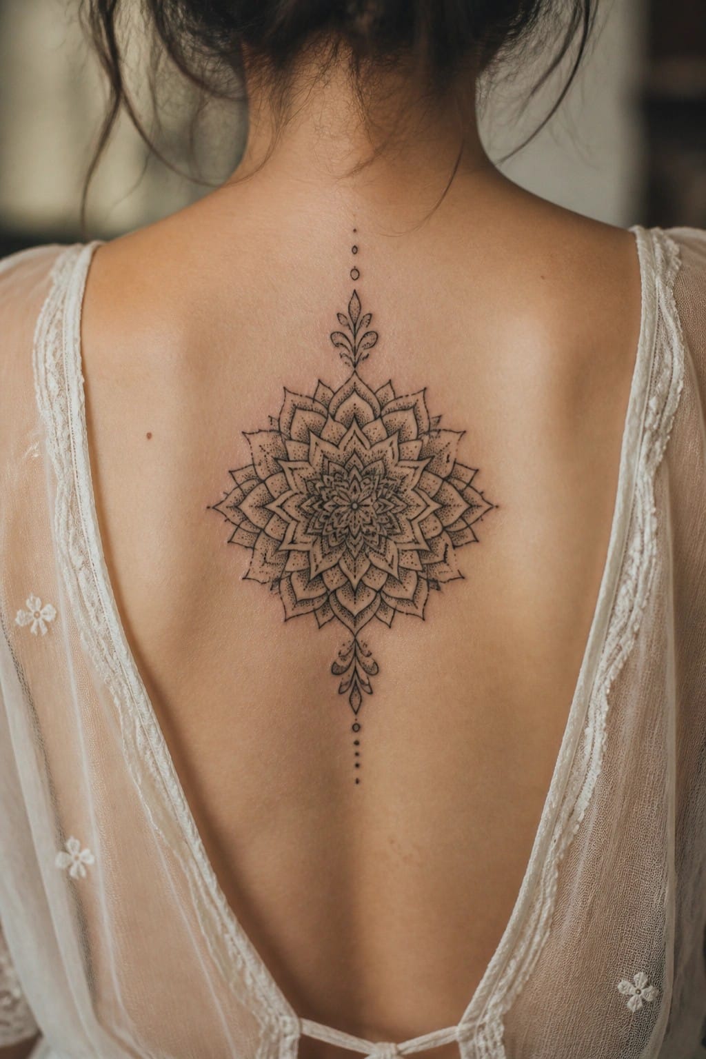 Woman's back with large mandala tattoo under sheer white lace top