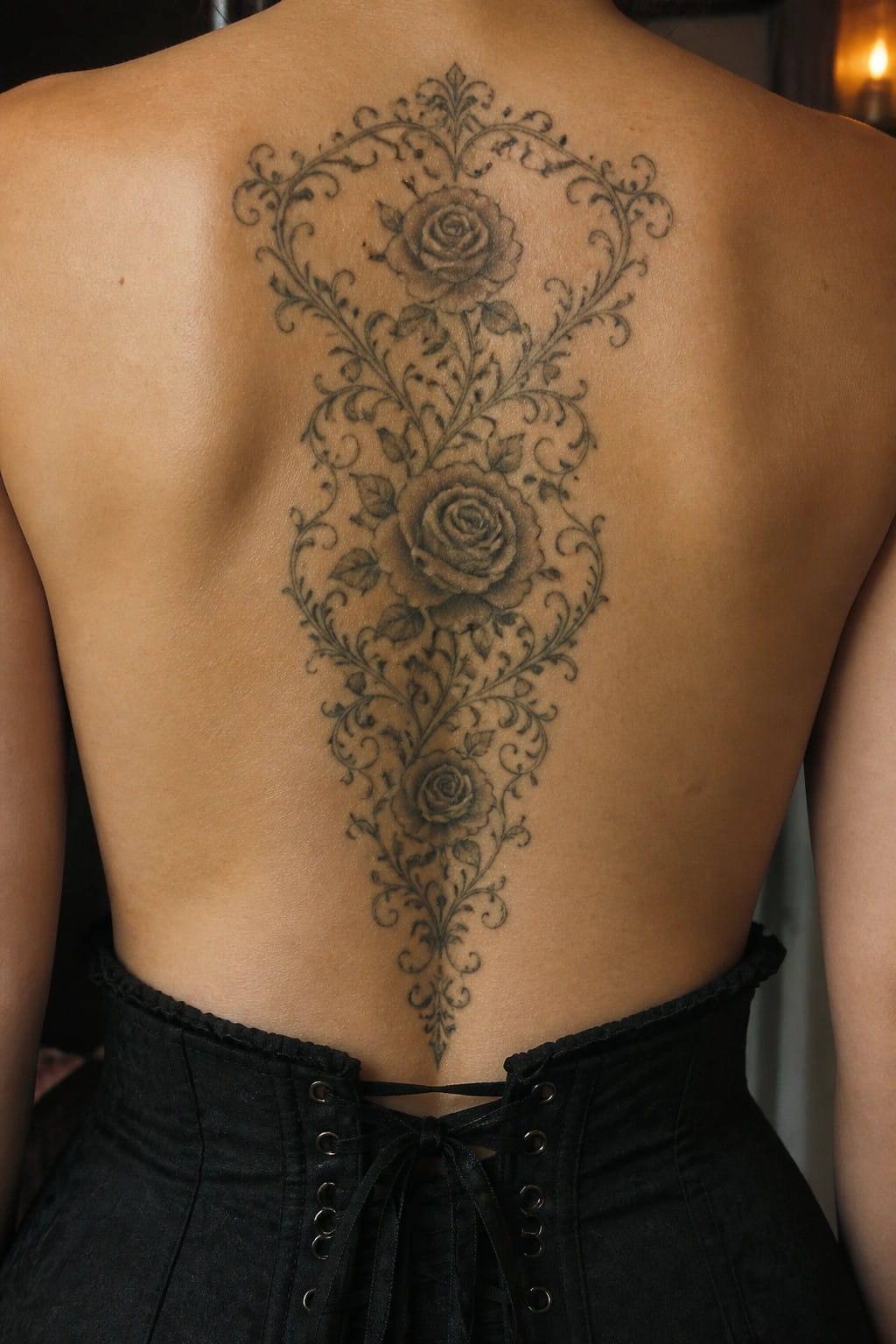 Ornate rose and vine tattoo down bare back above black corset.