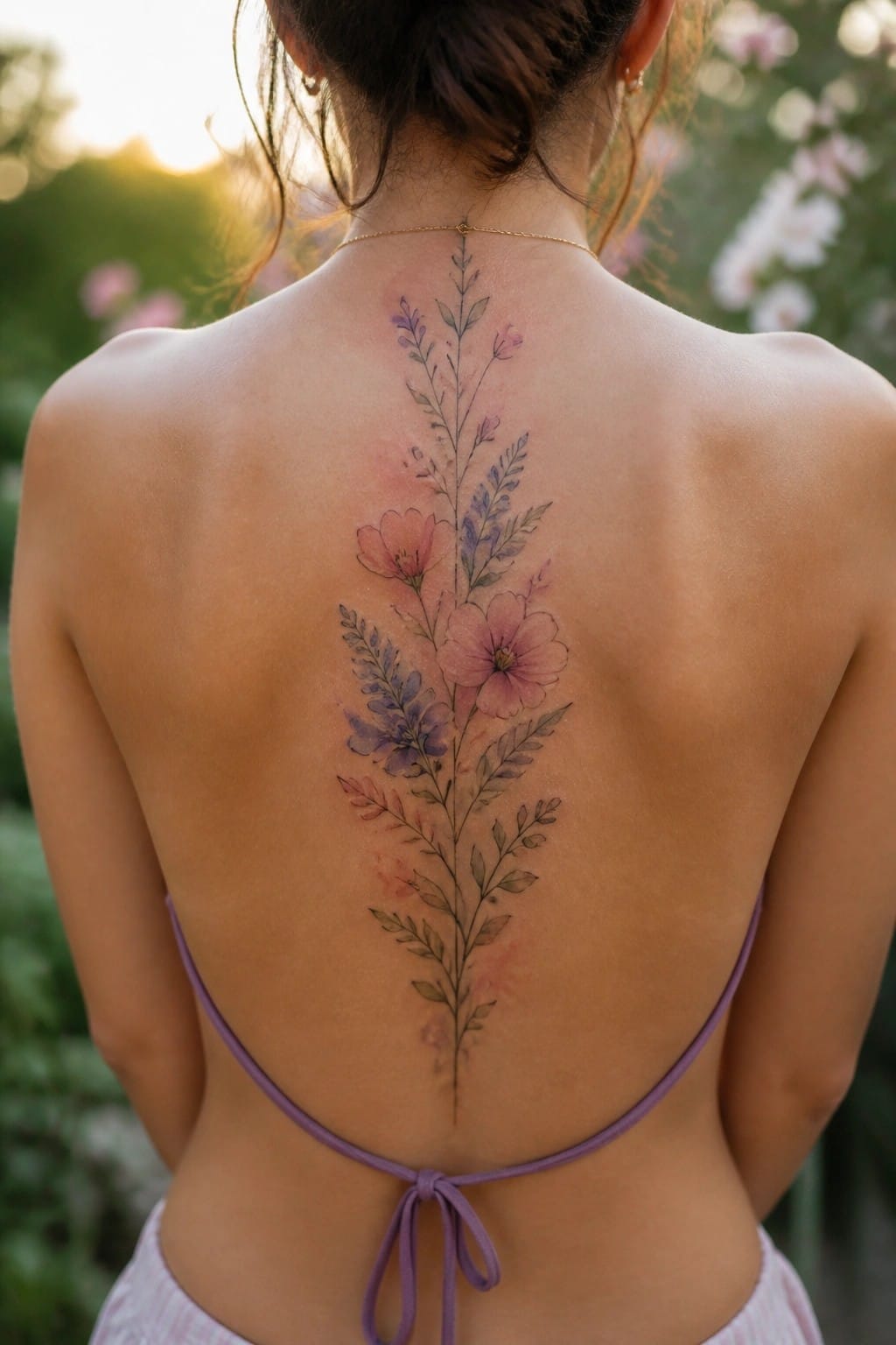 Woman's back with colorful floral tattoo wearing purple string bikini top