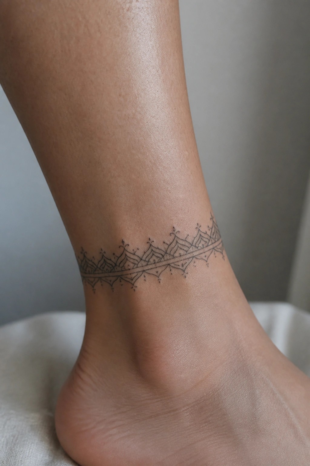 Fine line band tattoo with repeating patterns wrapped around an ankle