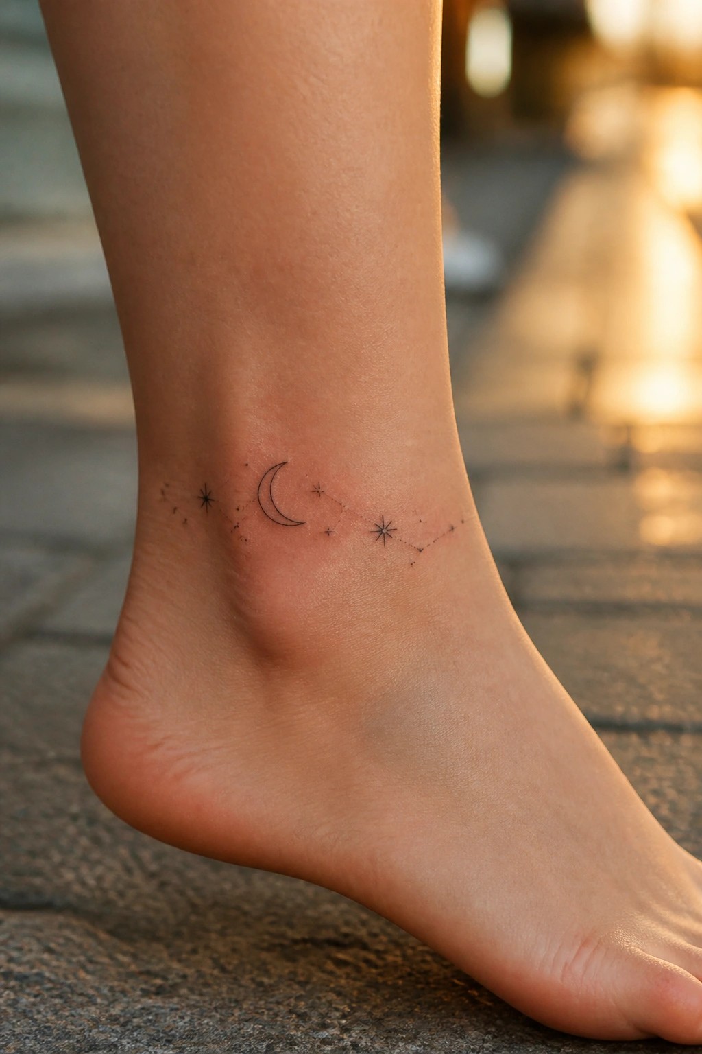 Fine line crescent moon and stars tattoo on the outer ankle of a woman’s foot
