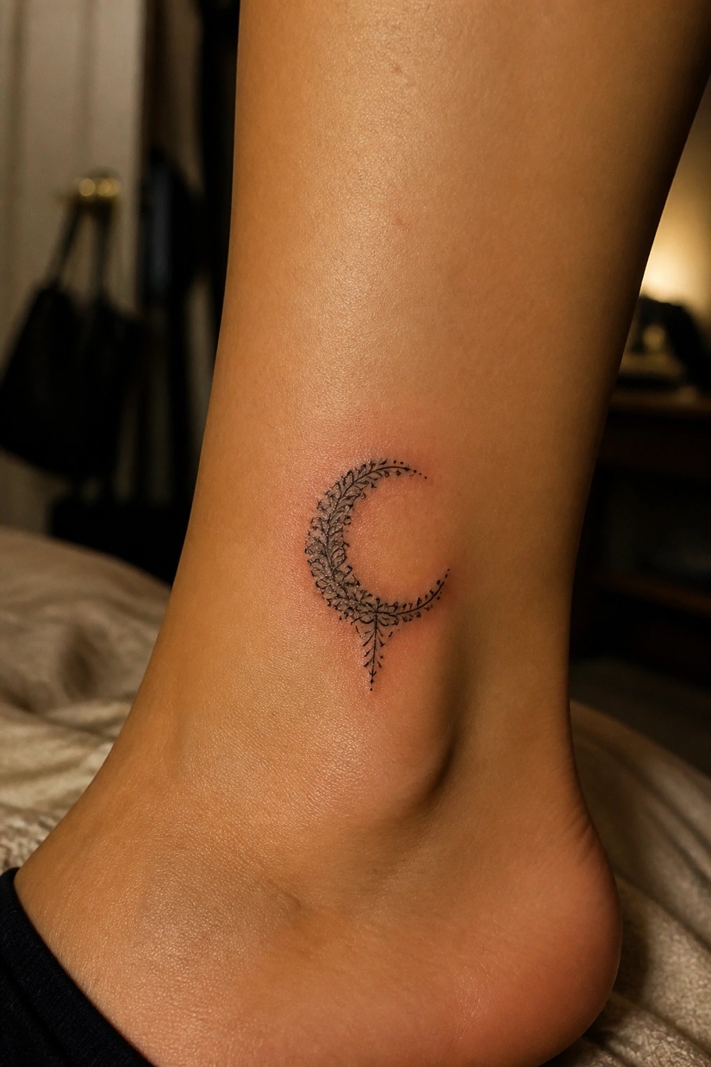 Fine line black crescent moon tattoo with delicate floral designs on ankle