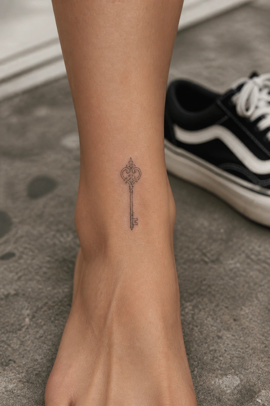 Fine line tattoo of an ornate key placed on the side of a woman's ankle