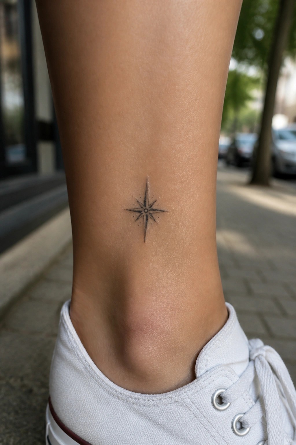 Black star tattoo on ankle above white canvas sneaker on pavement