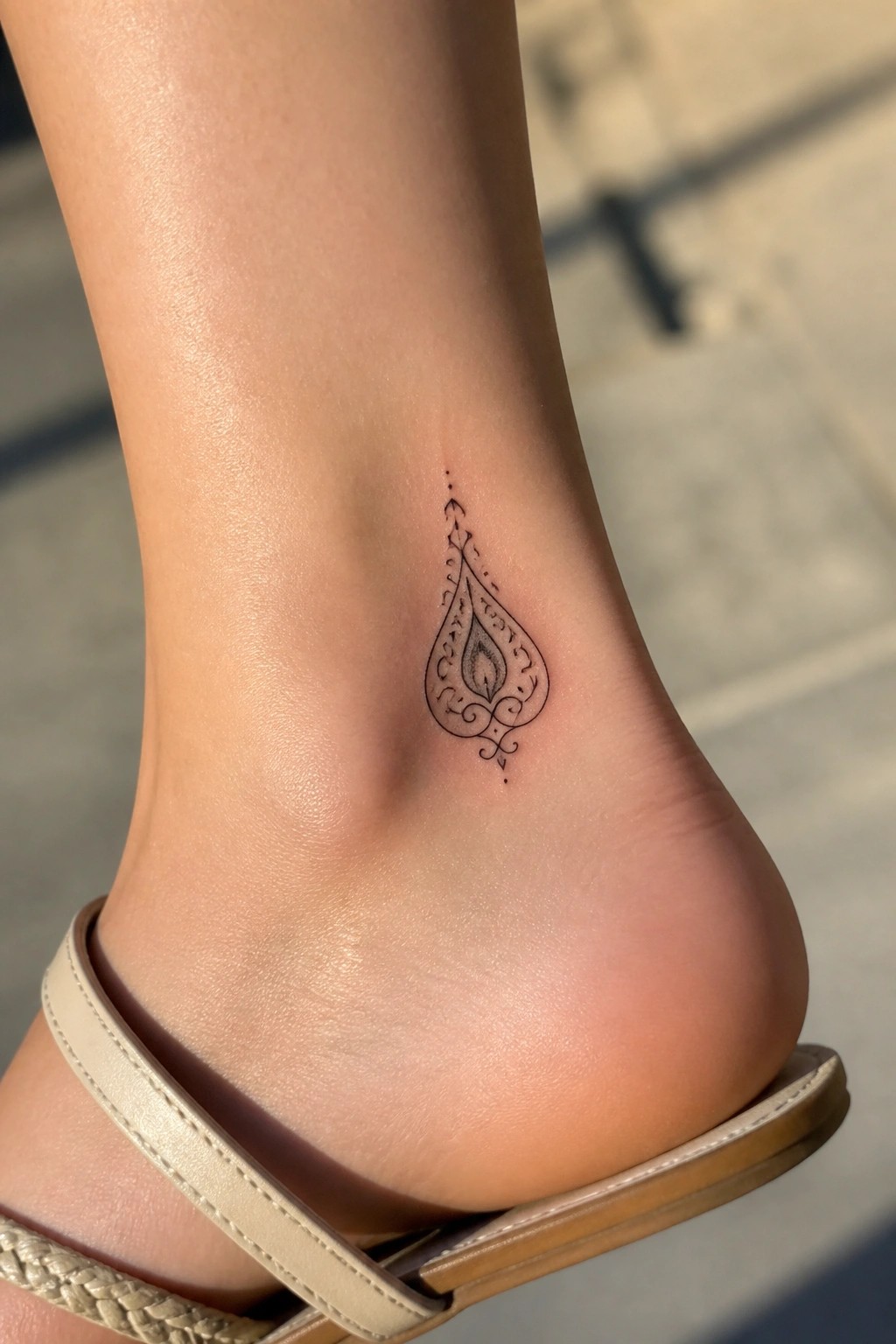 Ornate teardrop tattoo with flame motif on ankle above beige sandal