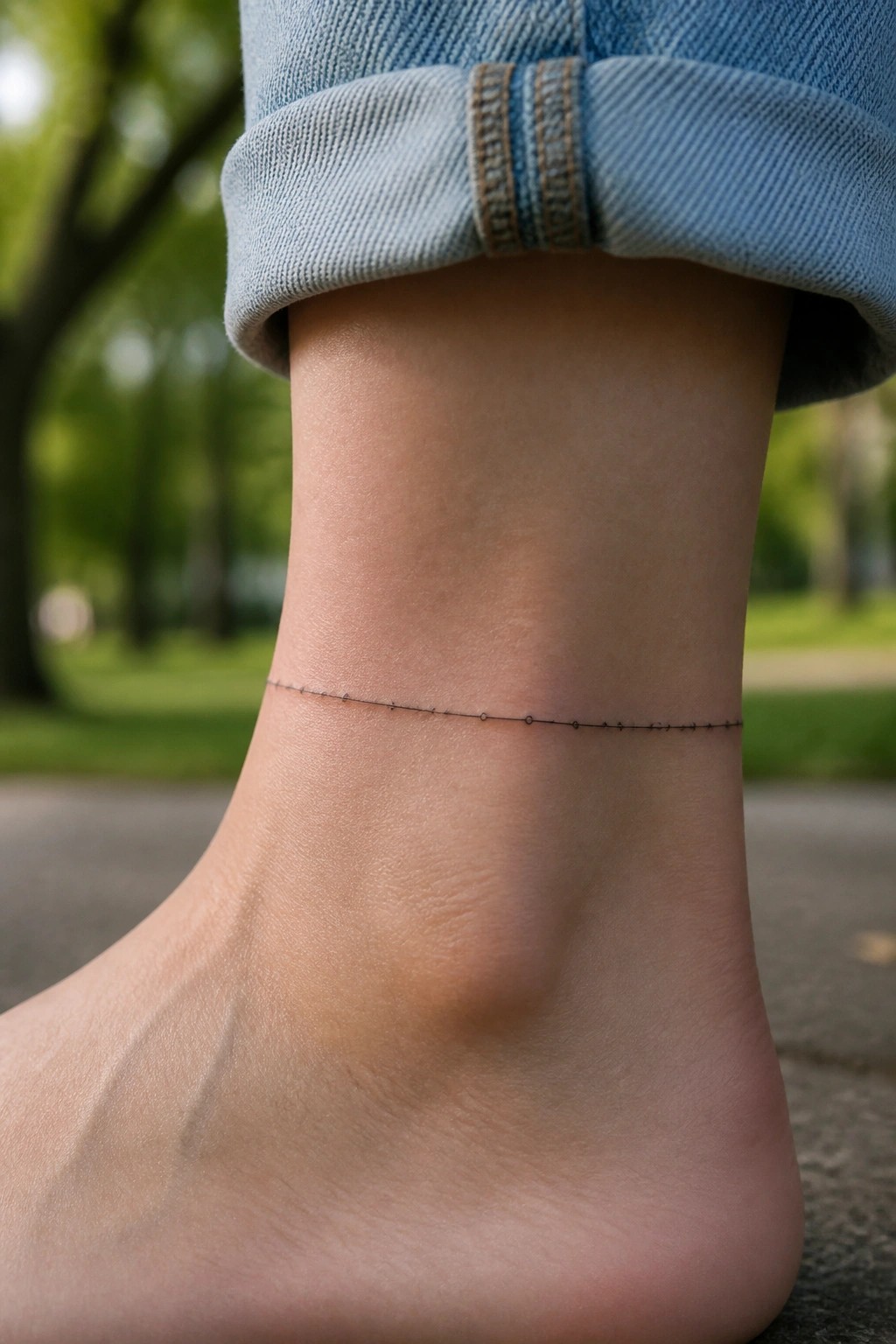 Bare ankle with thin black dot-and-dash tattoo below rolled light-blue denim cuff.