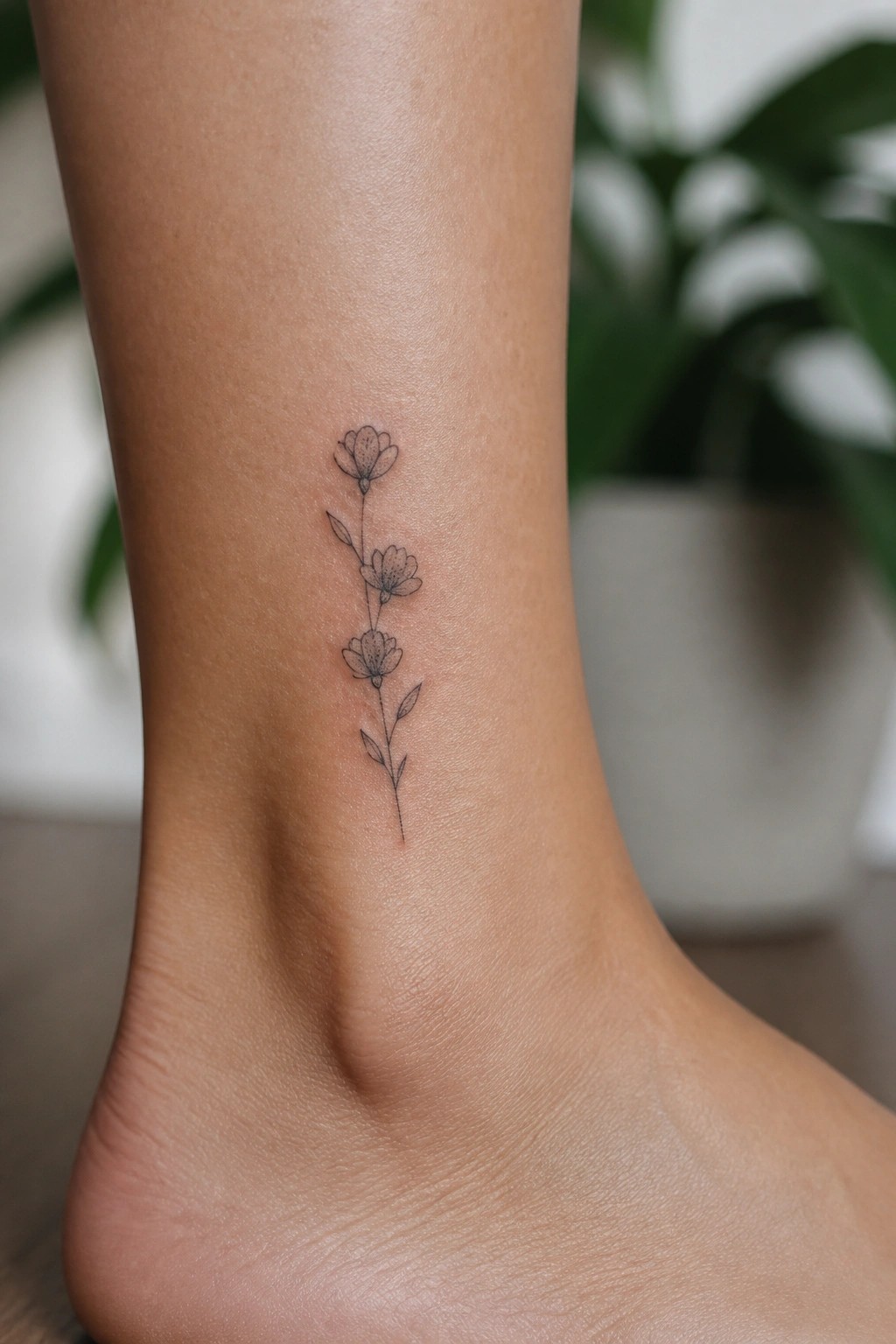 Delicate black ink tattoo of three flowers on a stem on ankle