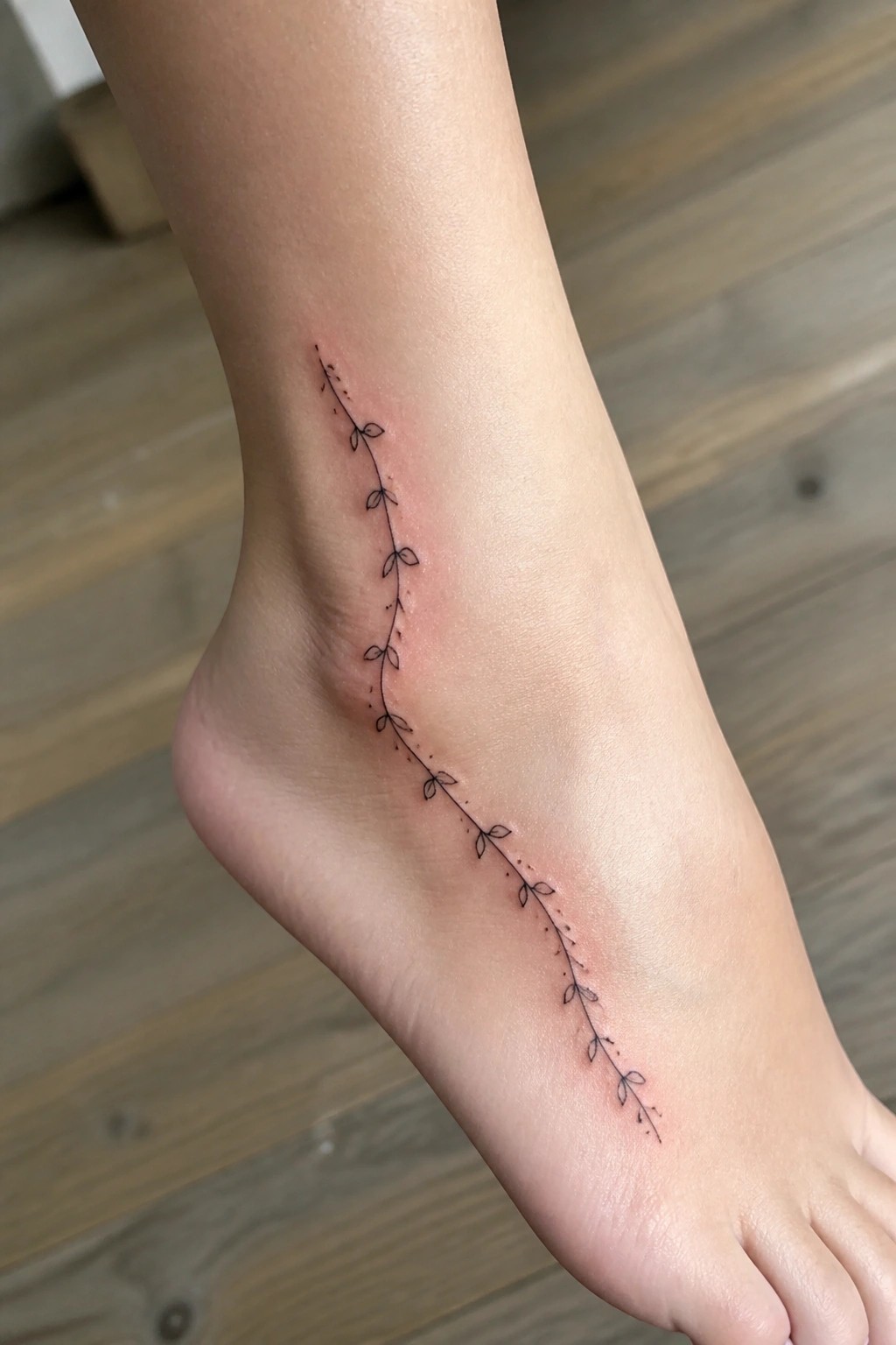 Delicate black vine tattoo with leaves along reddened ankle on light skin.