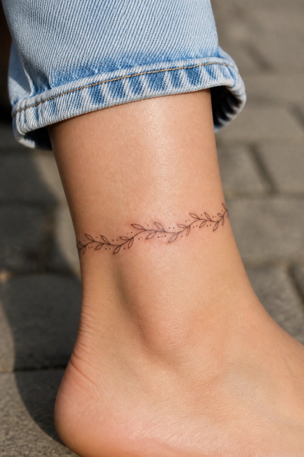 Fine line vine tattoo with small leaves wrapping around a woman's ankle above the foot.