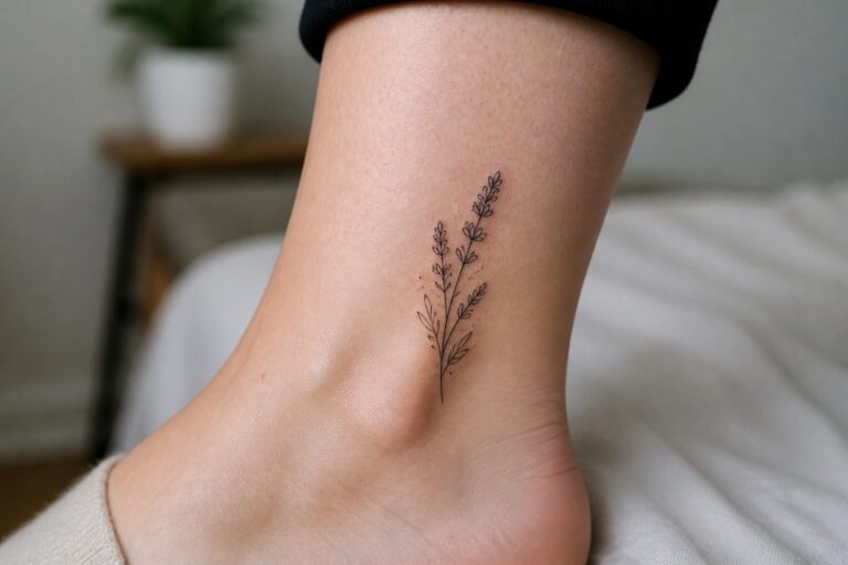 Black ink lavender tattoo on light-skinned ankle above white sock