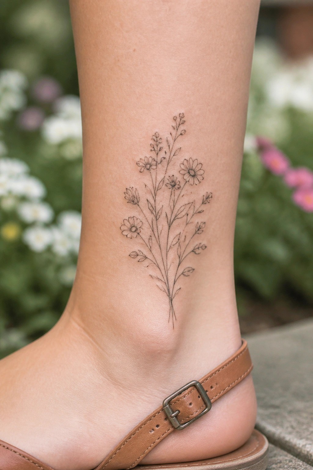 Delicate black line floral tattoo on ankle above brown leather sandal strap.