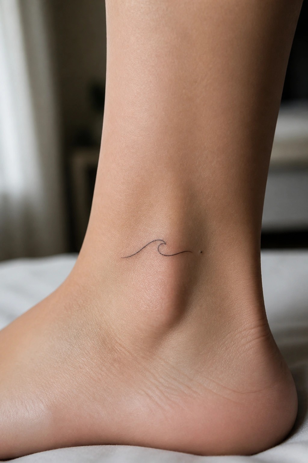 Small fine line wave tattoo placed on the side of an ankle