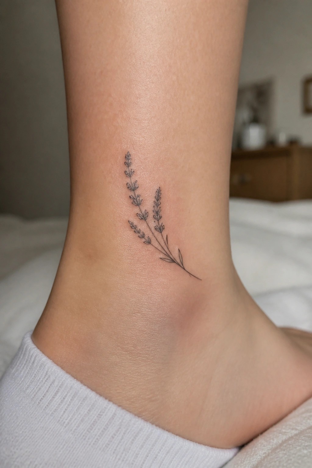 Black ink lavender tattoo on light-skinned ankle above white sock