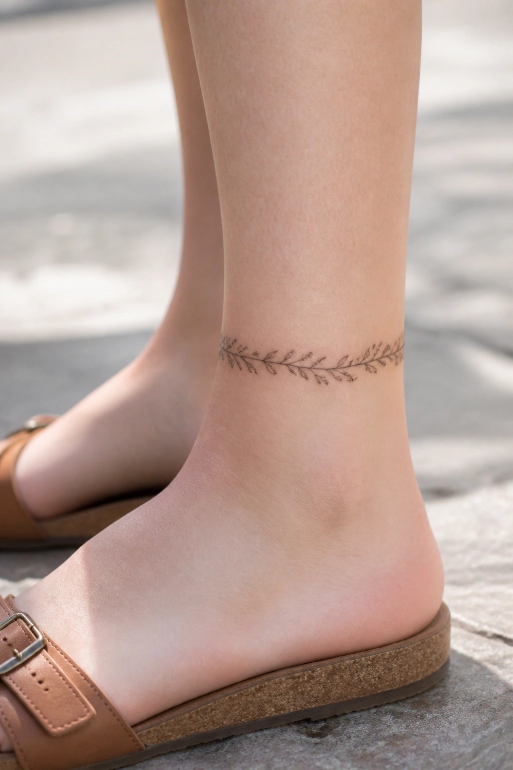 Delicate leafy vine tattoo encircles ankle above brown leather buckled sandal