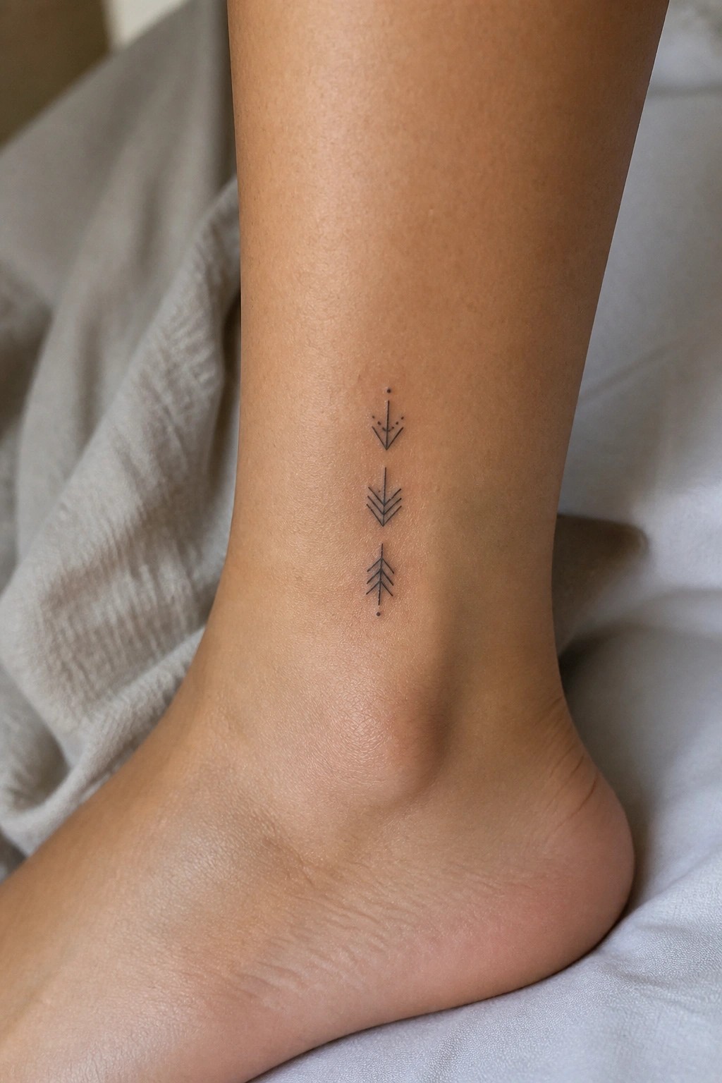 Ankle with three small black geometric arrow tattoos aligned vertically on light skin
