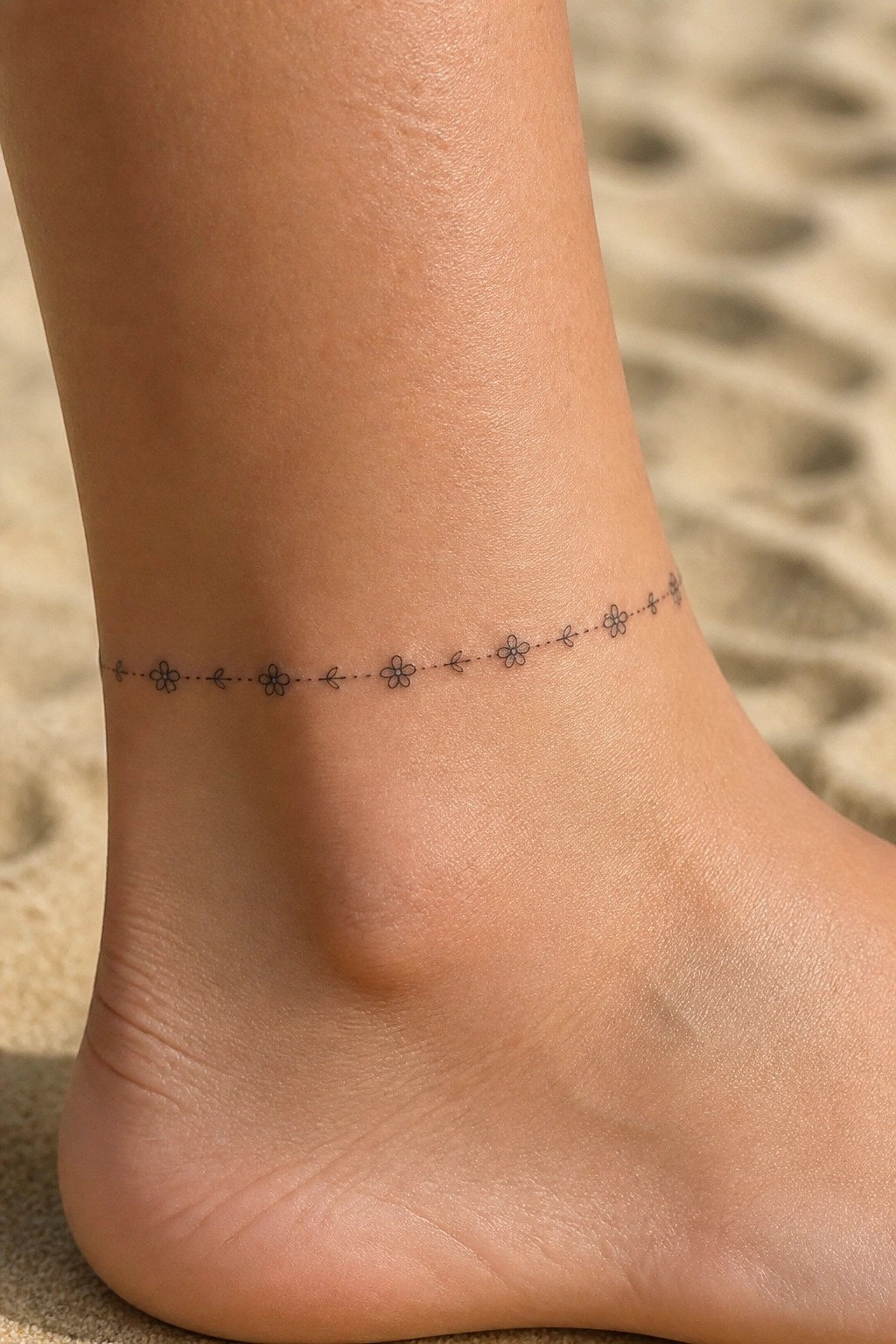 Black floral dotted-line tattoo encircling light-skinned ankle on sand