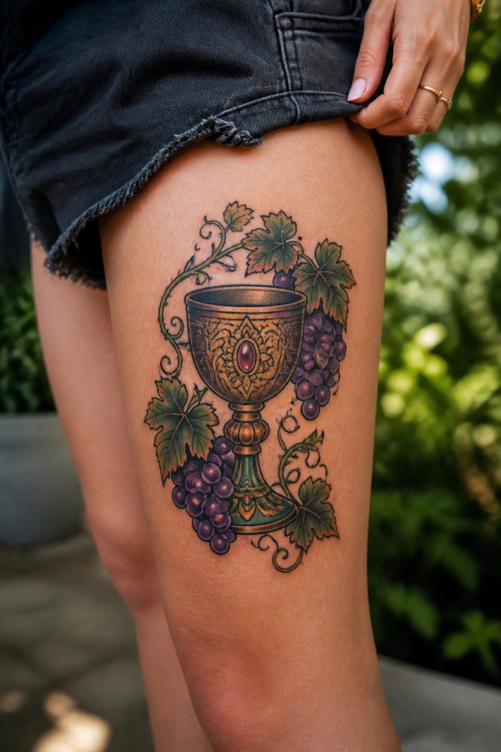 A detailed tattoo of an ornate chalice with grapes and vines on a woman's upper thigh.