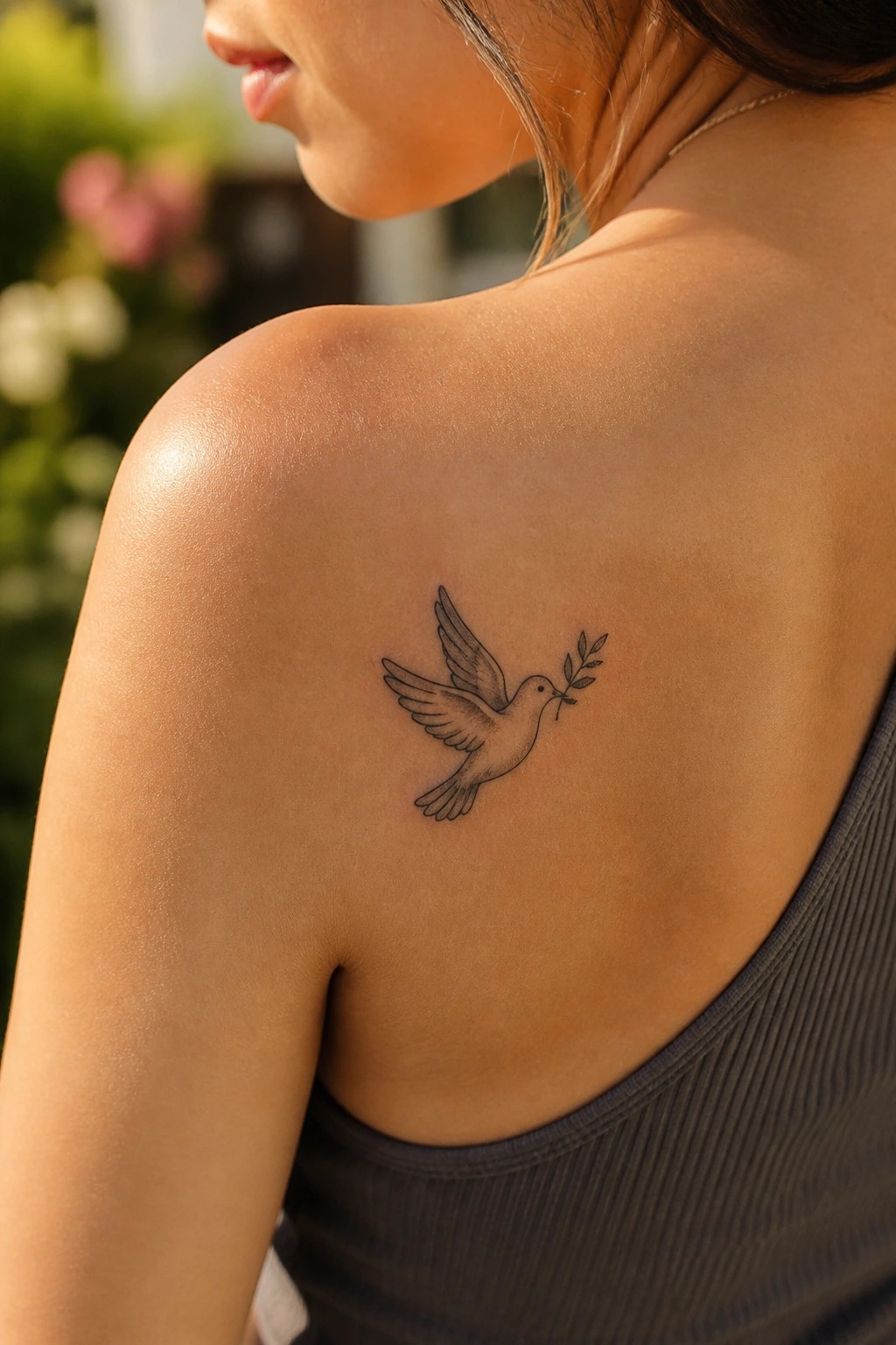 Woman's shoulder with flying dove and olive branch tattoo above gray tank top.