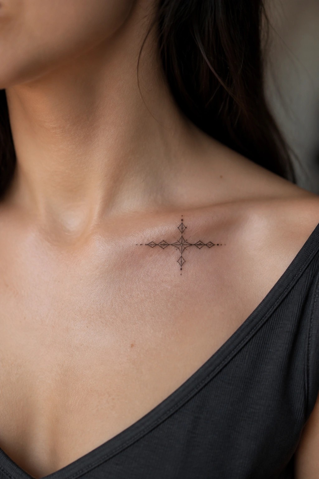 Fine line geometric cross tattoo with diamond accents placed on the upper chest near the collarbone.