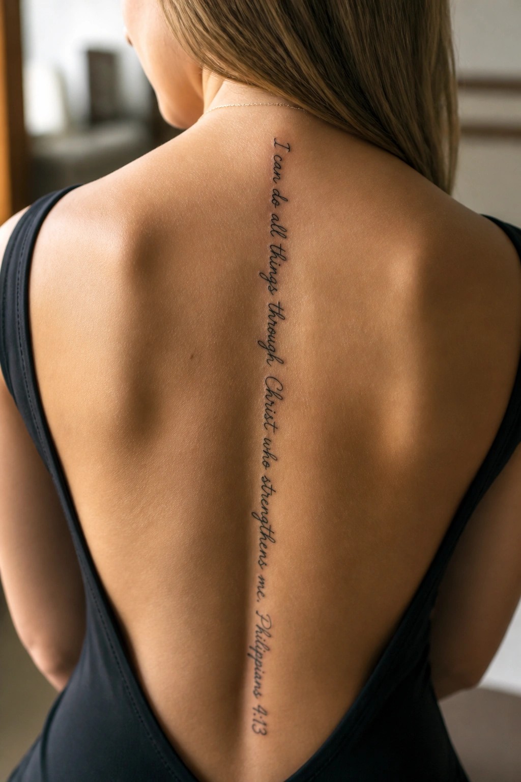Woman's back in black open-back top with Philippians 4:13 spine tattoo in script