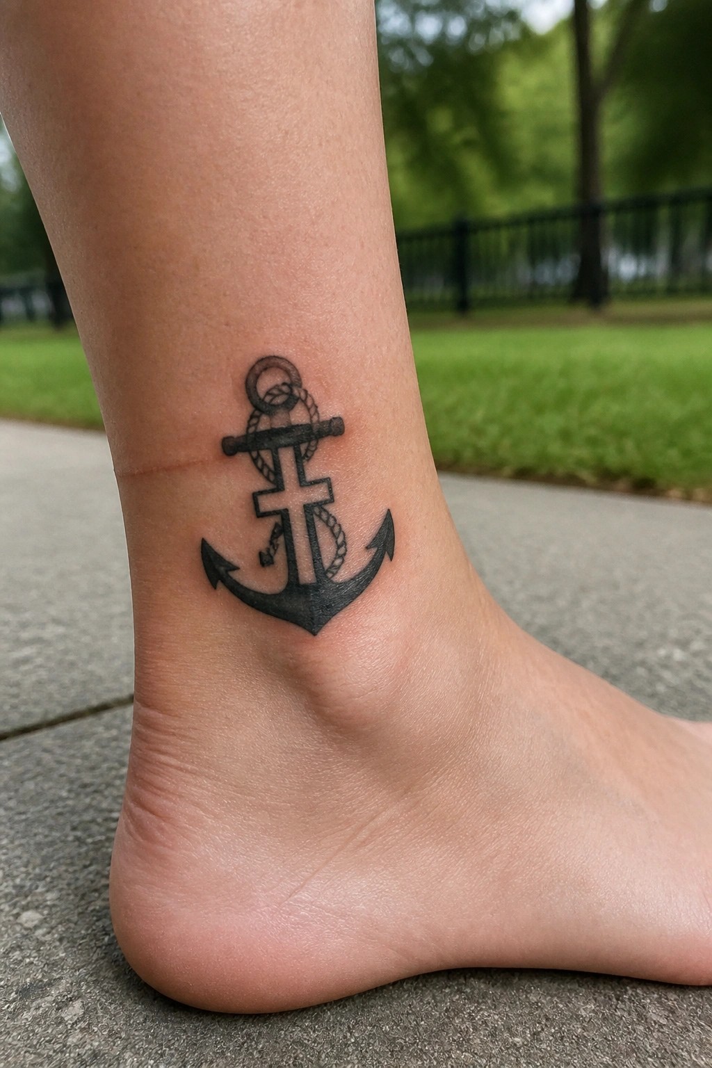Black anchor tattoo with rope and cross on ankle outdoors.
