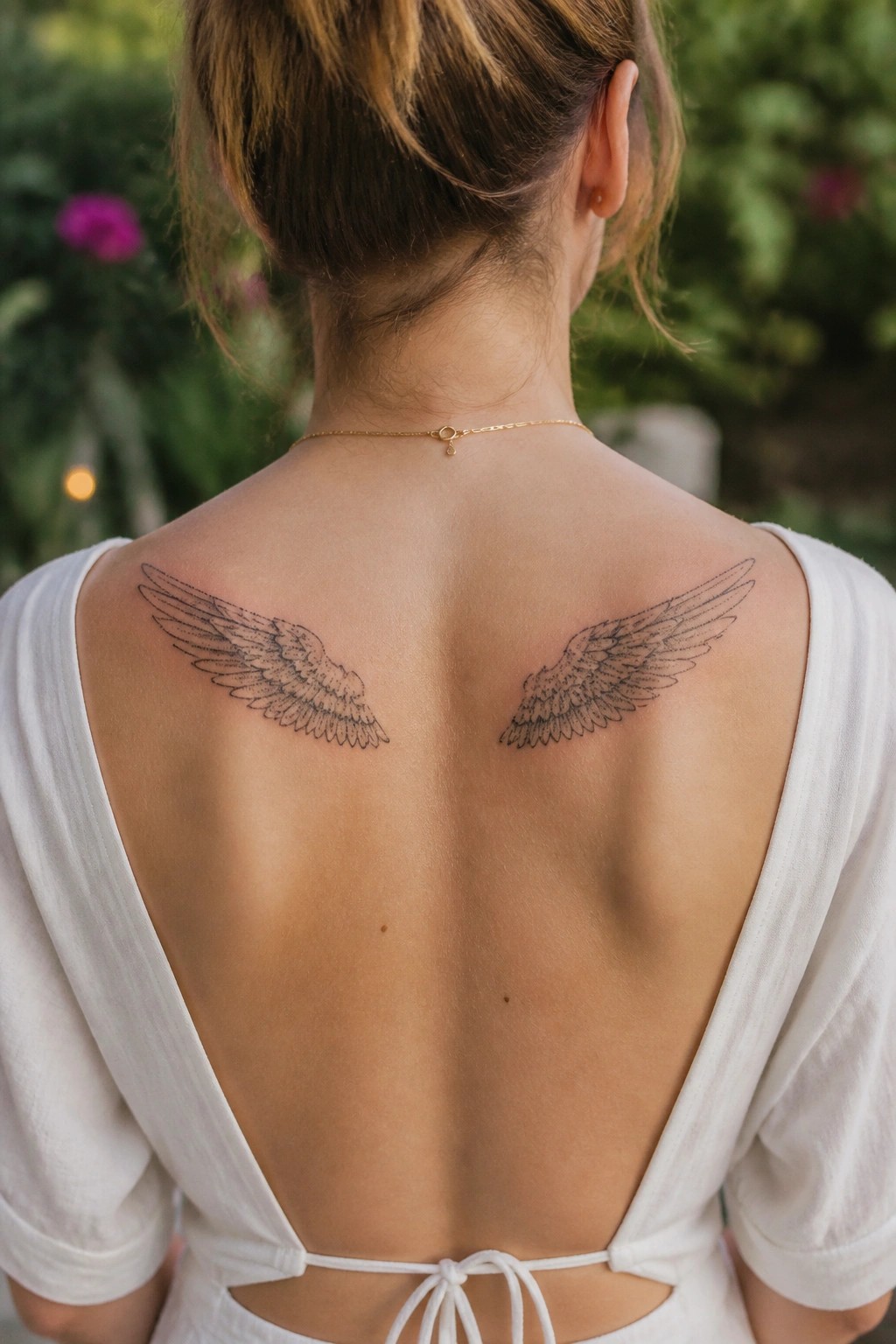 Woman's back with matching wing tattoos, white open-back top, gold necklace