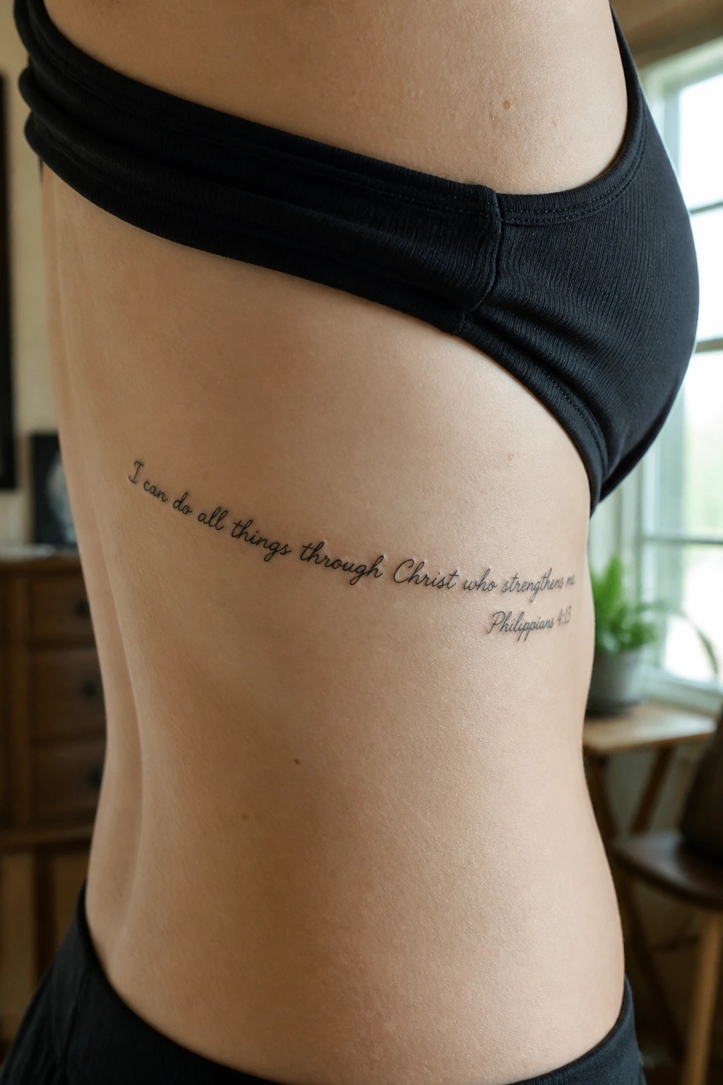 Torso in black crop top with cursive Philippians 4:13 tattoo on side