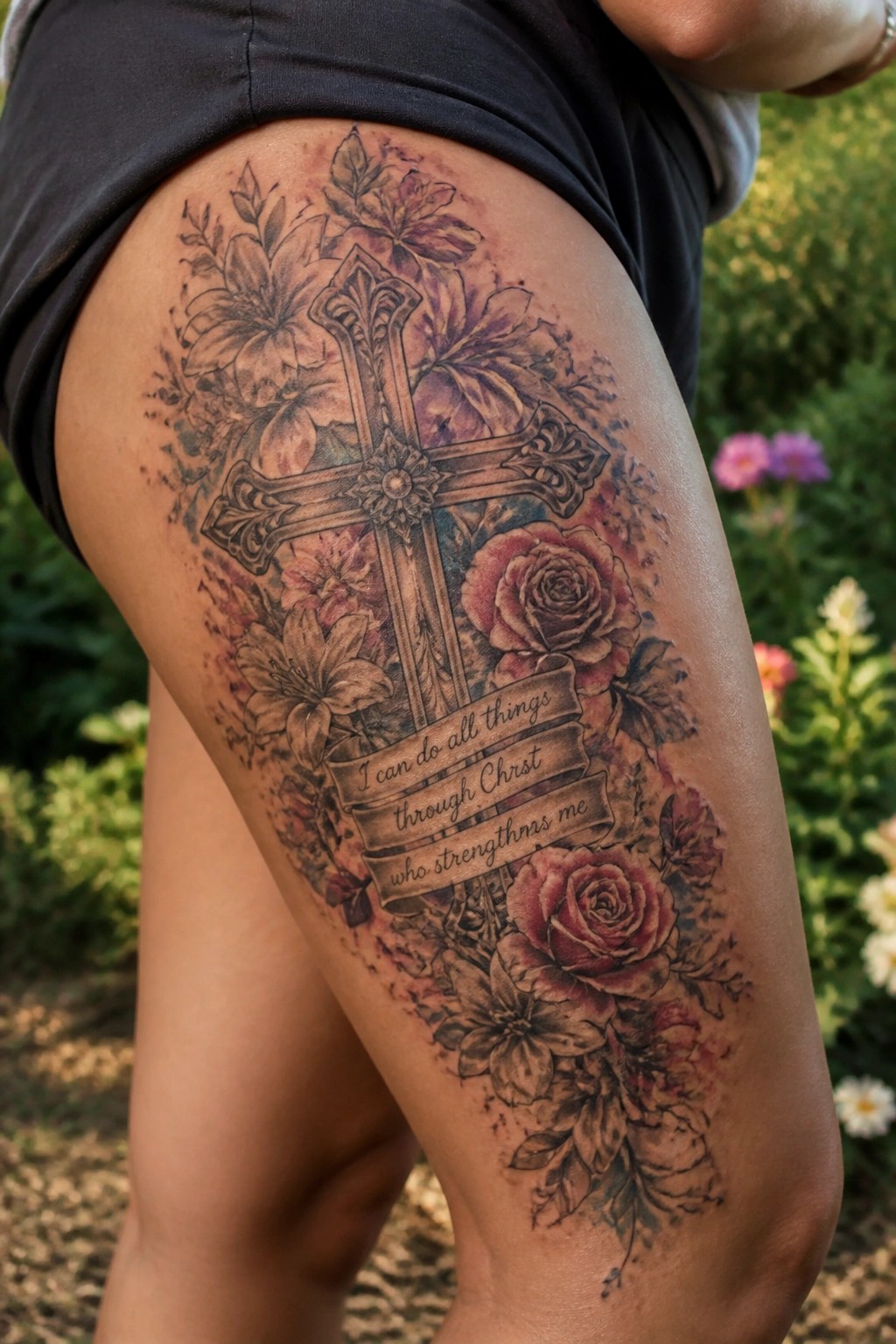 Ornate cross tattoo with roses, flowers, and Bible verse on thigh