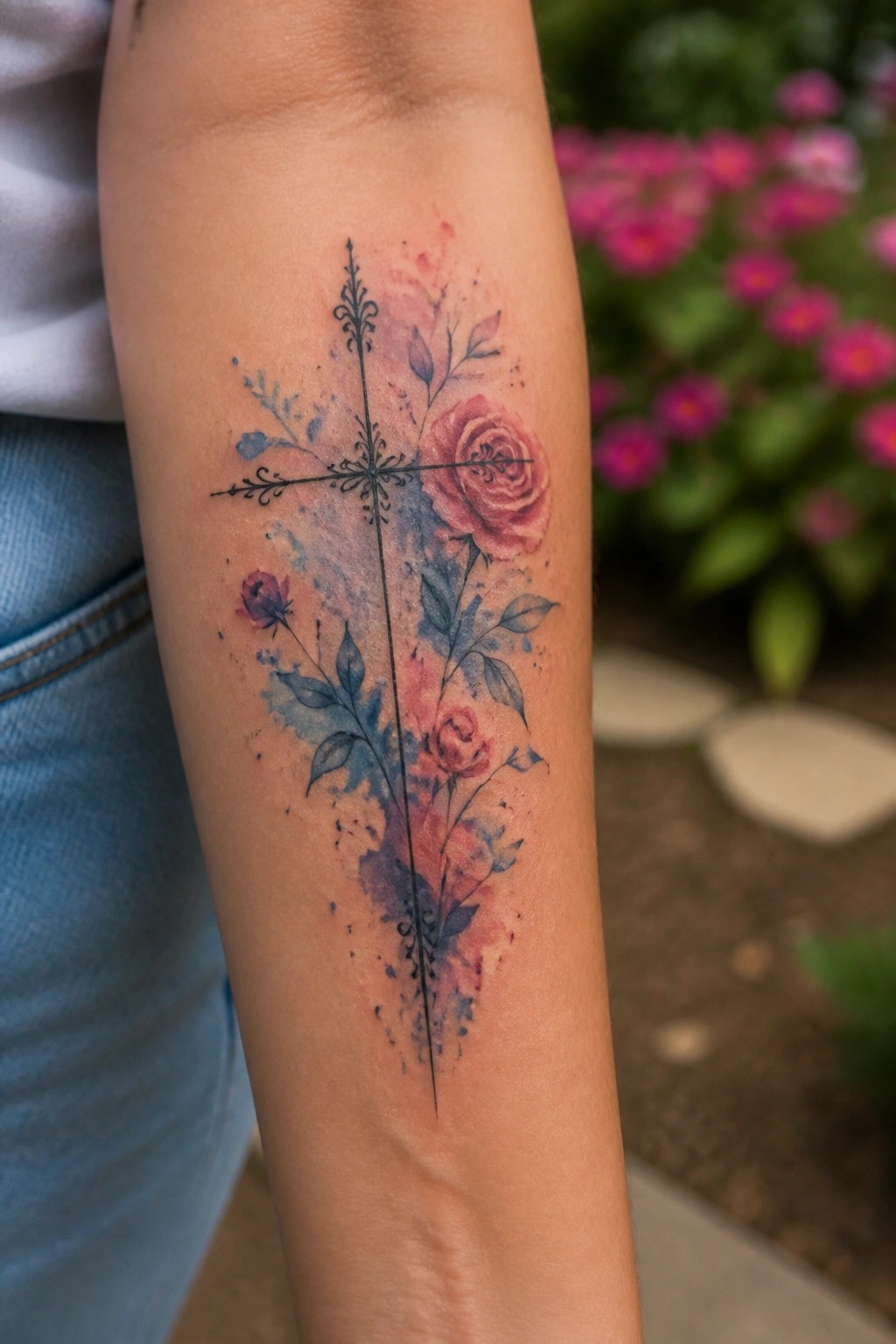 Watercolor tattoo of ornate cross with pink roses and blue splashes on arm