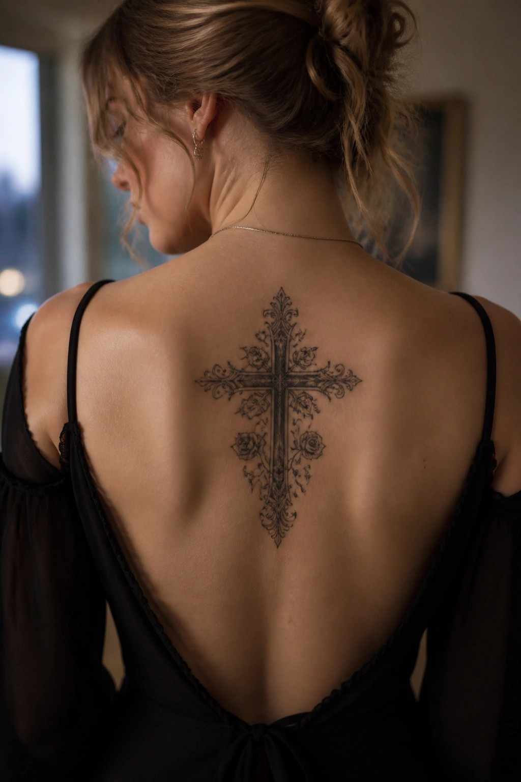 Woman's back with ornate cross and rose tattoo in black low-back dress
