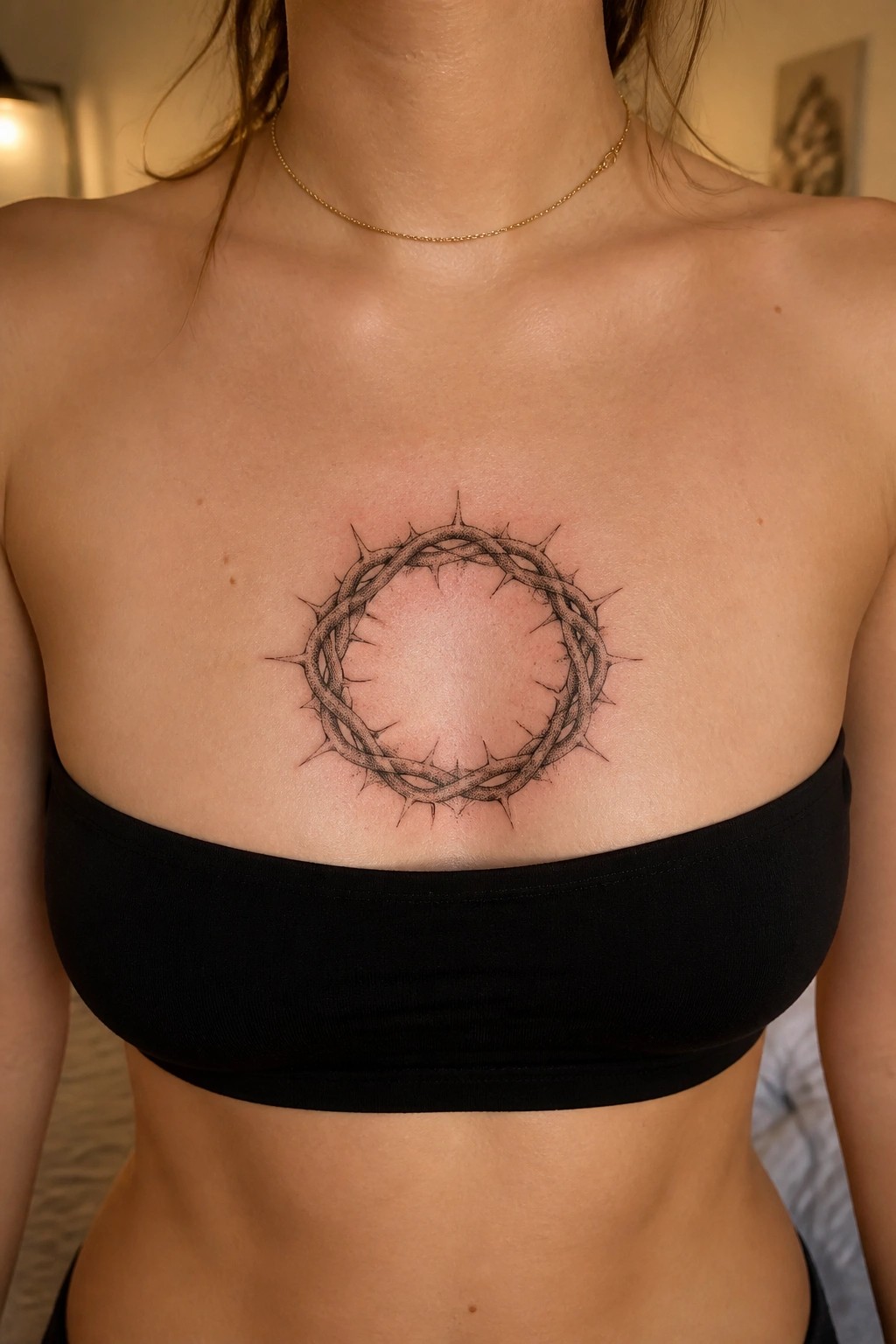 Crown of thorns tattoo on chest above black bandeau top with thin gold necklace