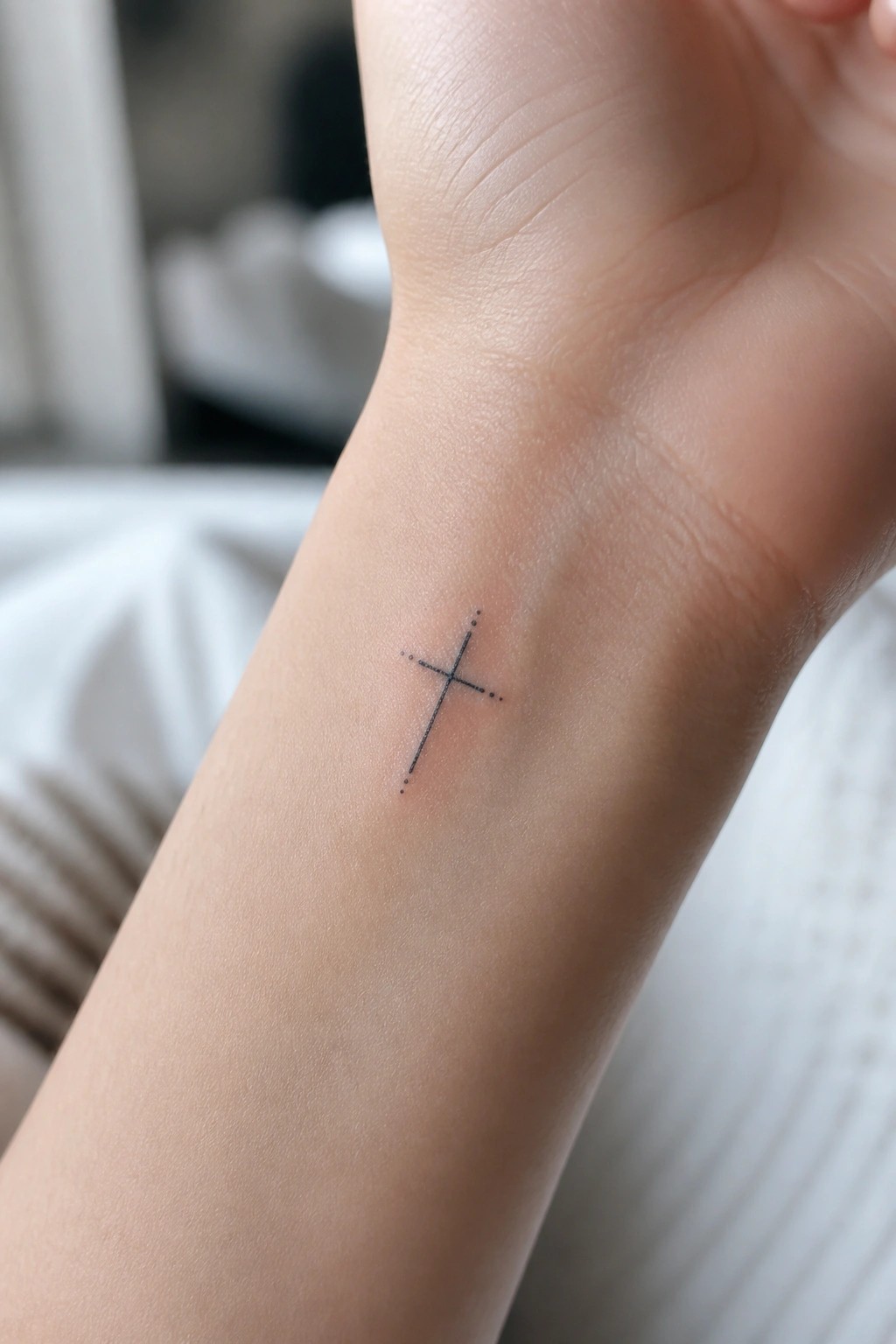 Small dotted cross tattoo on light-skinned inner wrist