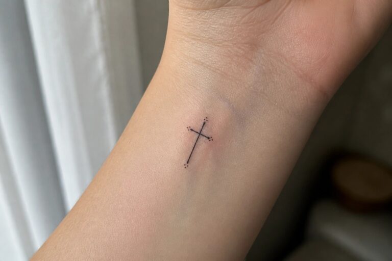 19 Elegant Christian Tattoo Ideas for Women Featuring Graceful Faith Symbols Small dotted cross tattoo on light-skinned inner wrist