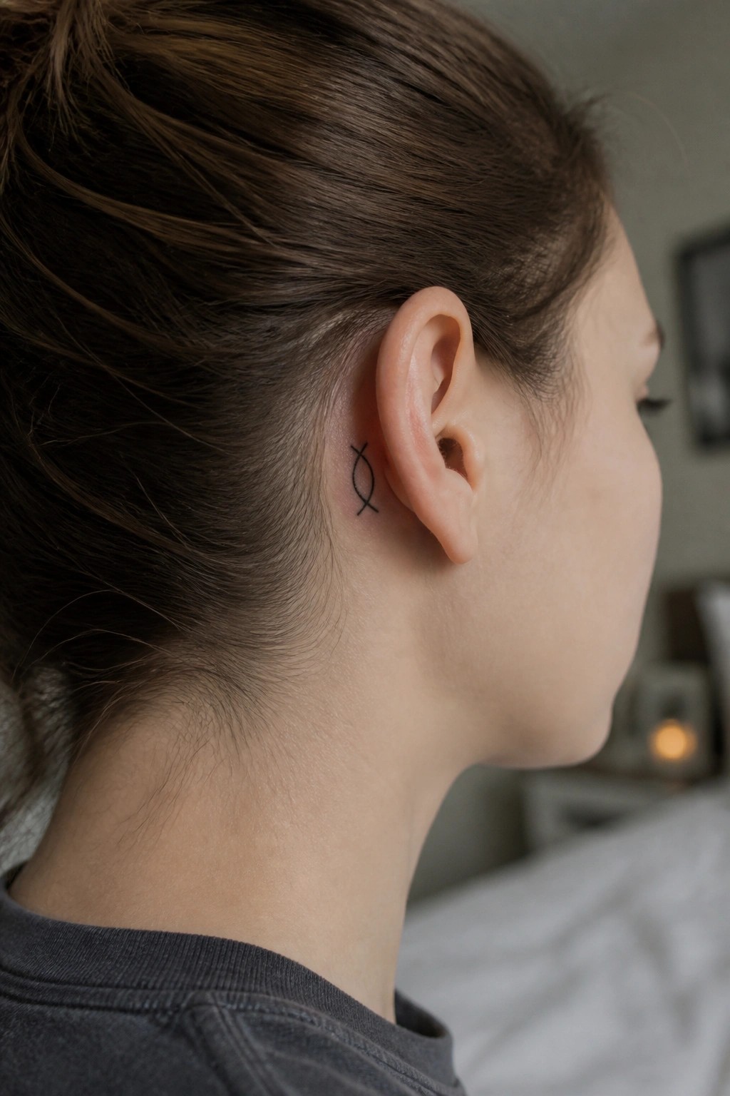 Woman's neck with small fish tattoo behind ear, brown hair in bun, gray shirt