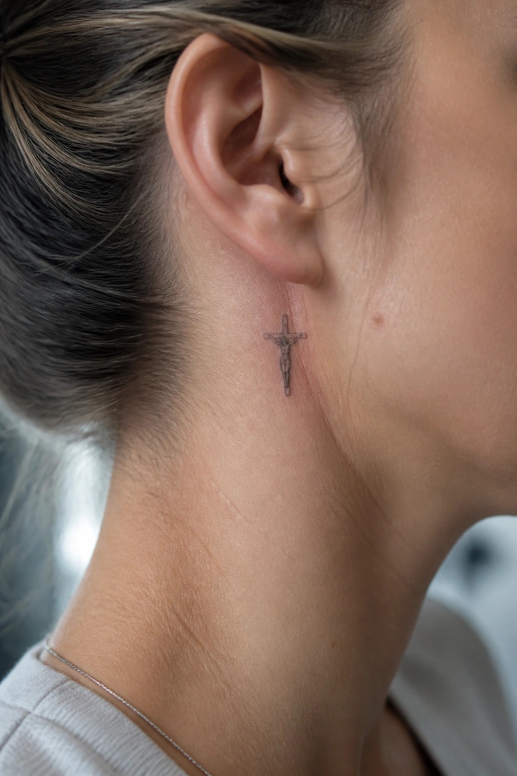 Small crucifix tattoo behind the ear on light skin with silver necklace