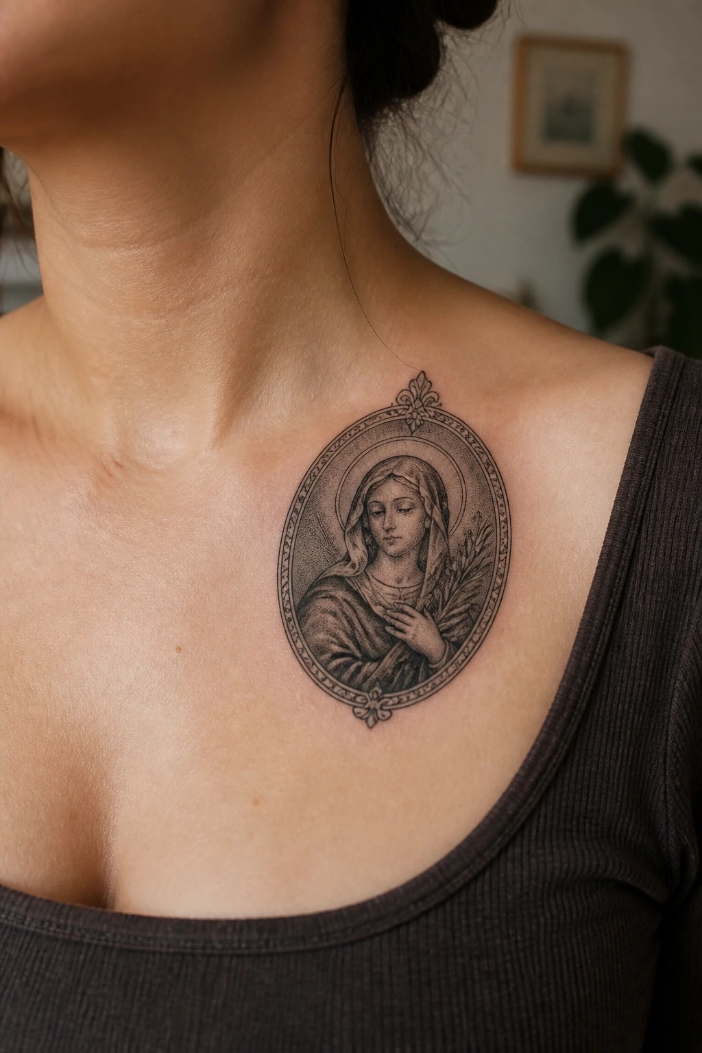 Ornate oval black-and-gray tattoo of a haloed woman on collarbone above dark top