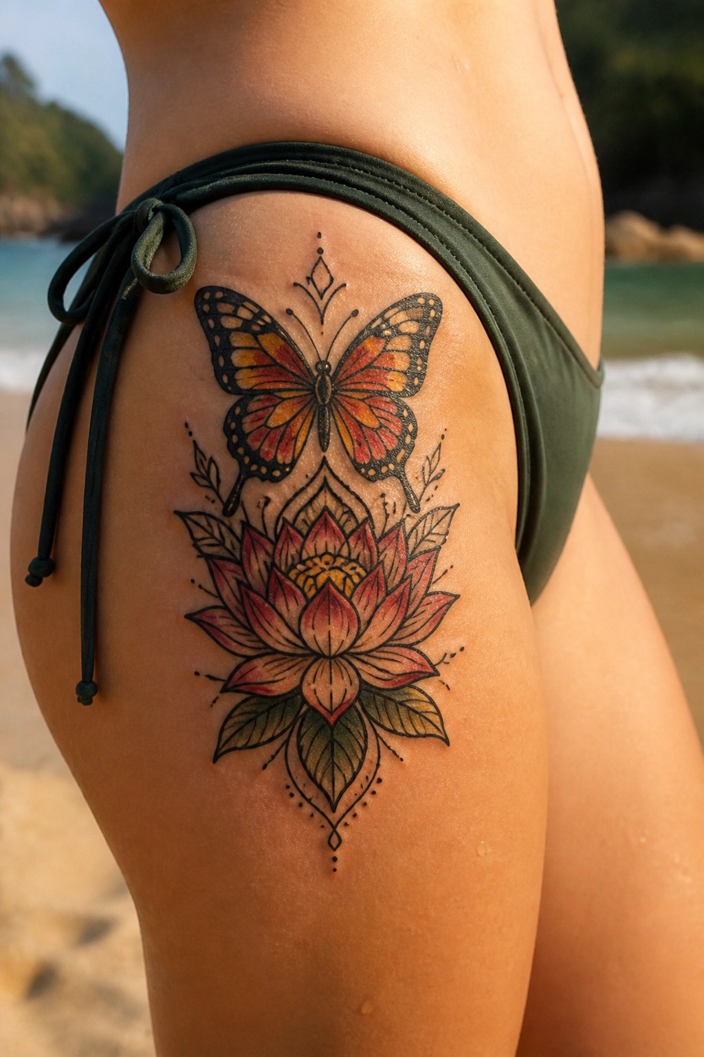 Colorful butterfly and lotus tattoo on hip above green bikini bottoms at beach