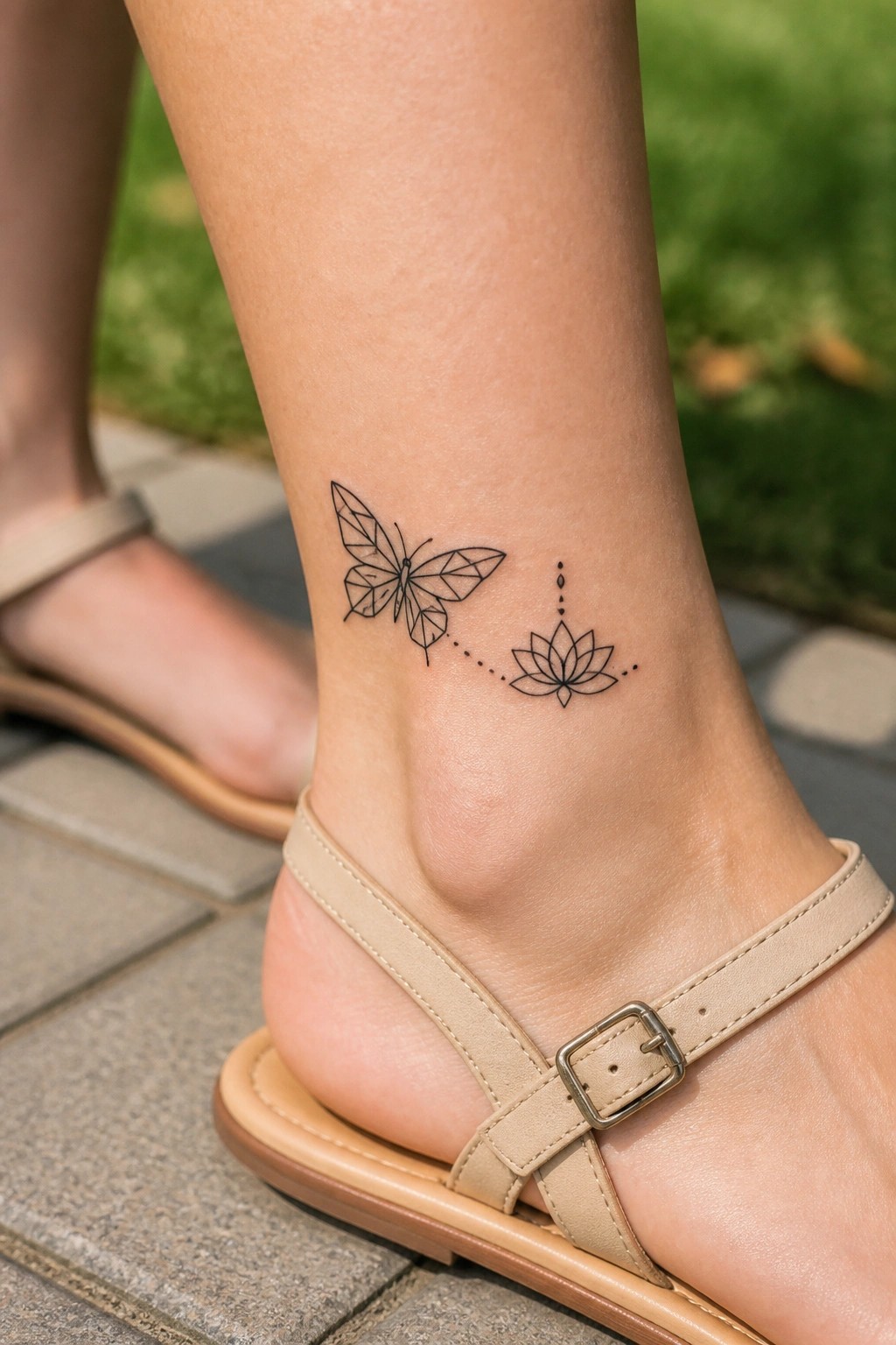 Geometric butterfly and lotus tattoo on ankle above beige sandal