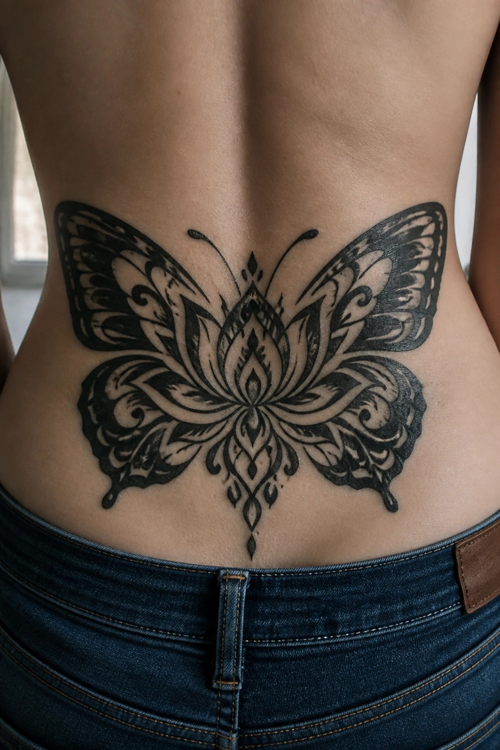 Intricate black butterfly lotus tattoo spanning lower back above blue denim jeans