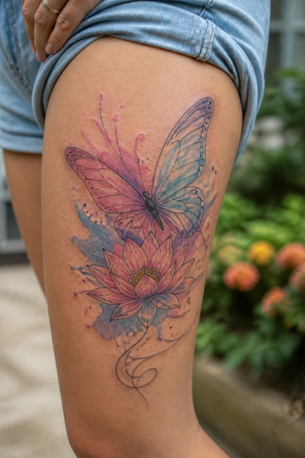 Vibrant butterfly and lotus flower tattoo on thigh with denim shorts