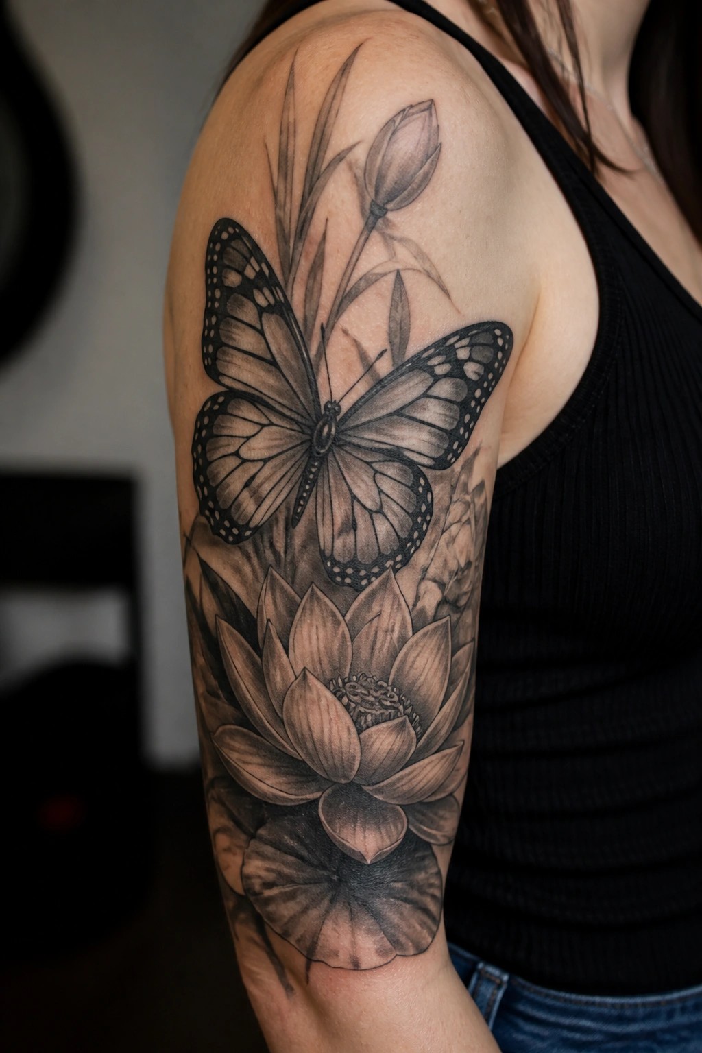 Black and gray butterfly and lotus flower tattoo on shoulder and arm