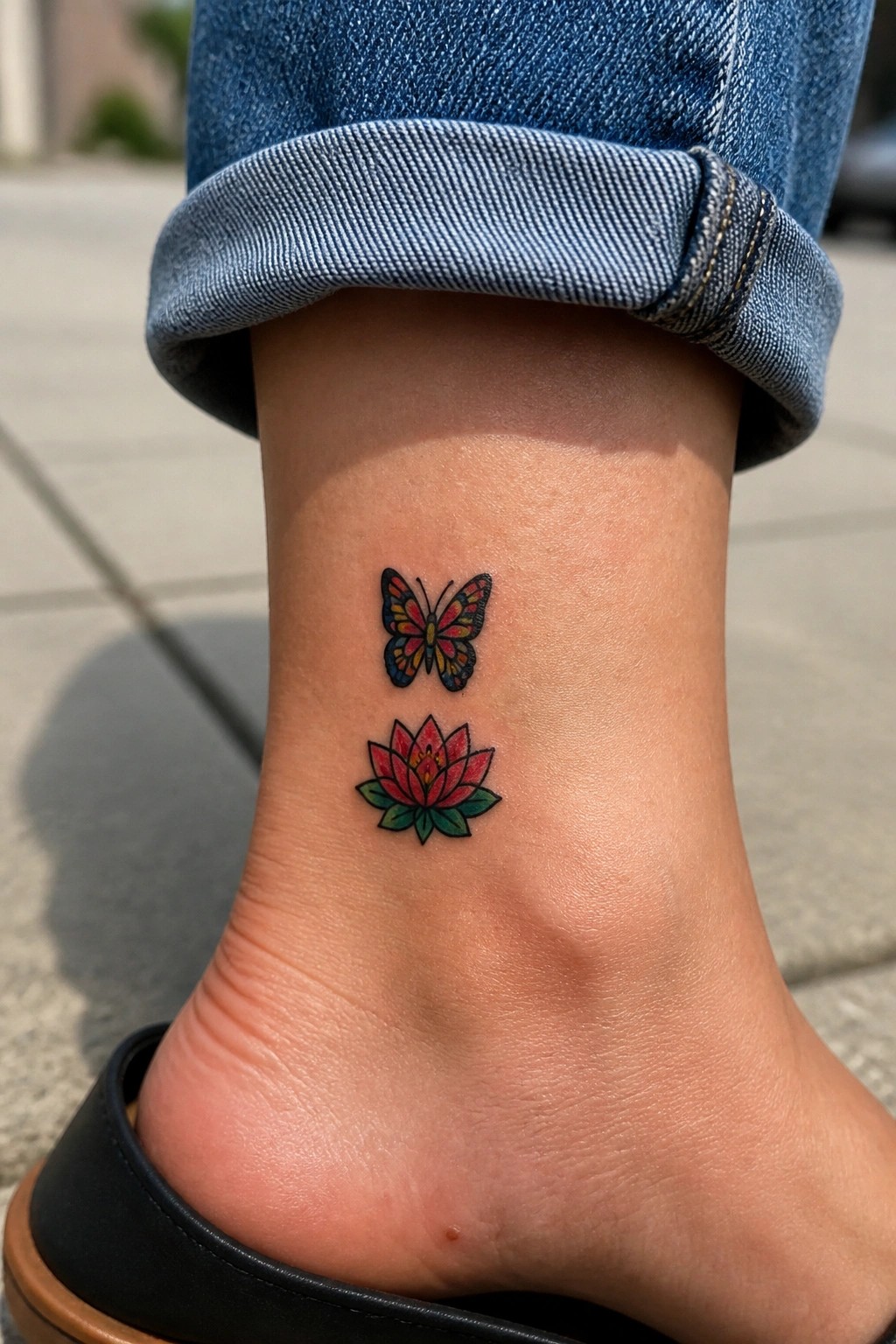 Colorful butterfly above pink lotus tattoo on ankle with rolled blue jeans.