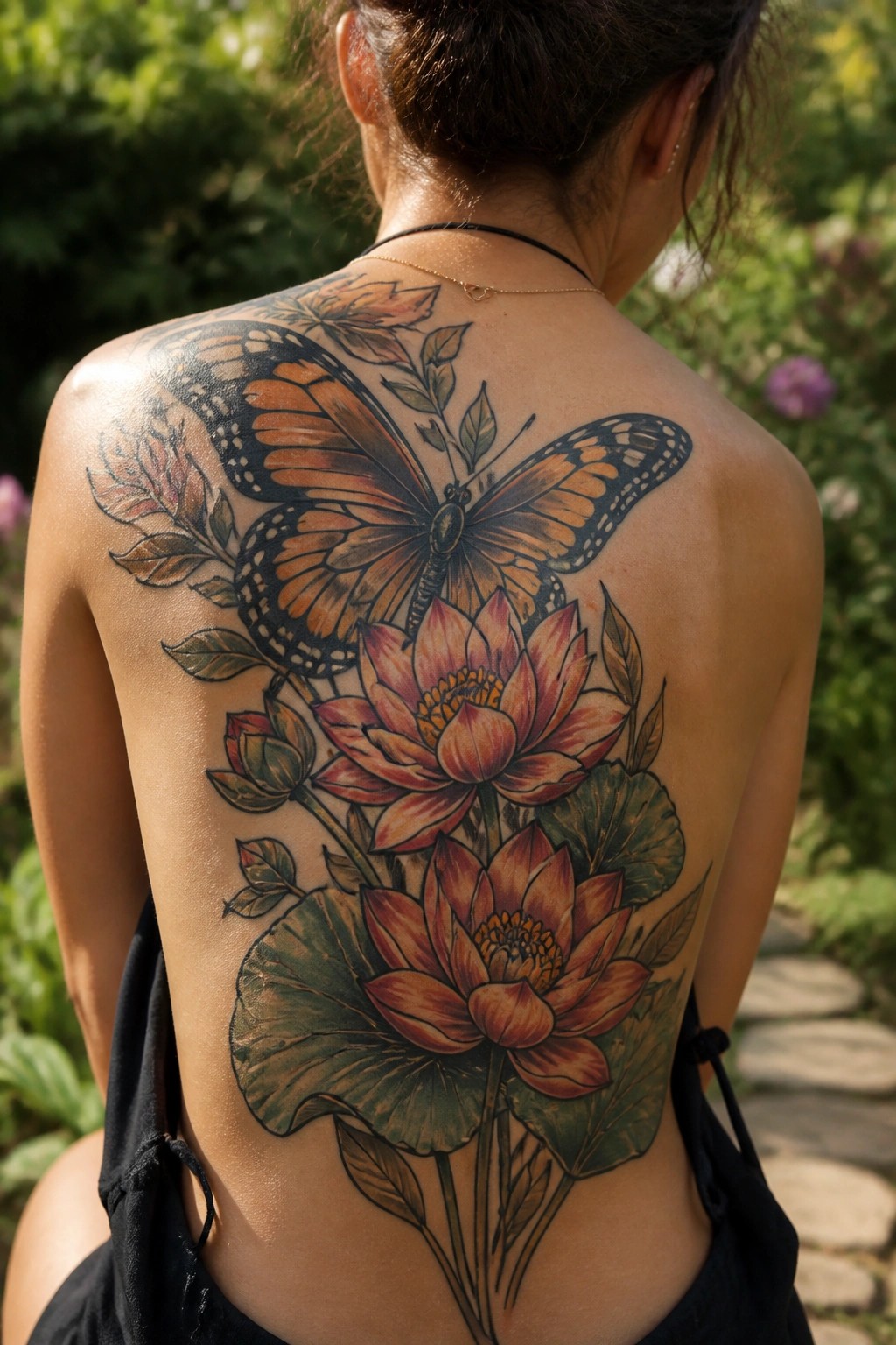 Woman's back with large colorful monarch butterfly and lotus flower tattoo.