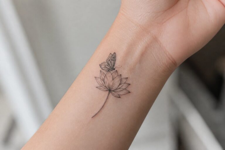19 Gorgeous Butterfly and Lotus Tattoo Ideas for a Feminine Aesthetic Minimalist black line tattoo of lotus flower with butterfly and star on wrist.