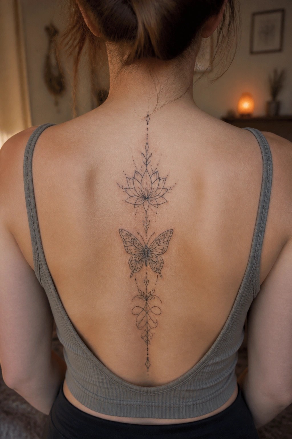 Woman's back with lotus flower and butterfly tattoo above gray tank top