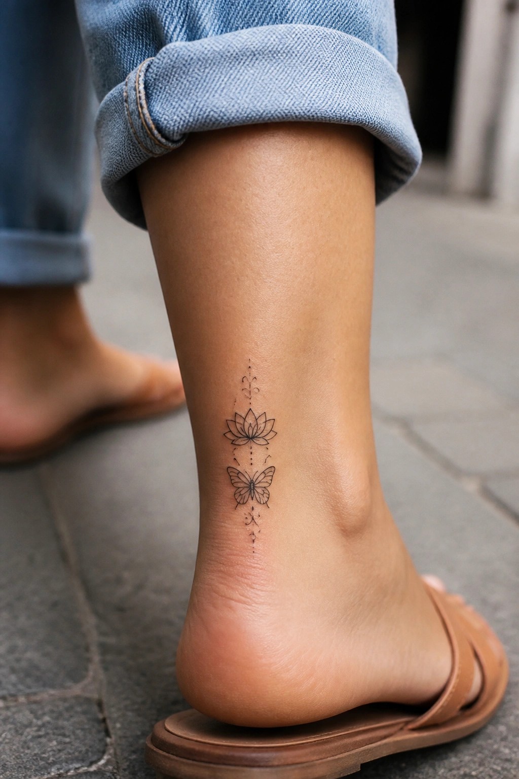 Fine line black ink tattoo of a lotus flower above a butterfly on the ankle with dotted vertical accents