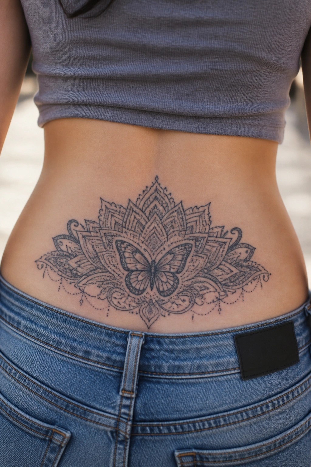 Intricate black and grey lotus mandala tattoo with a butterfly at the center placed on a woman's lower back above blue jeans.