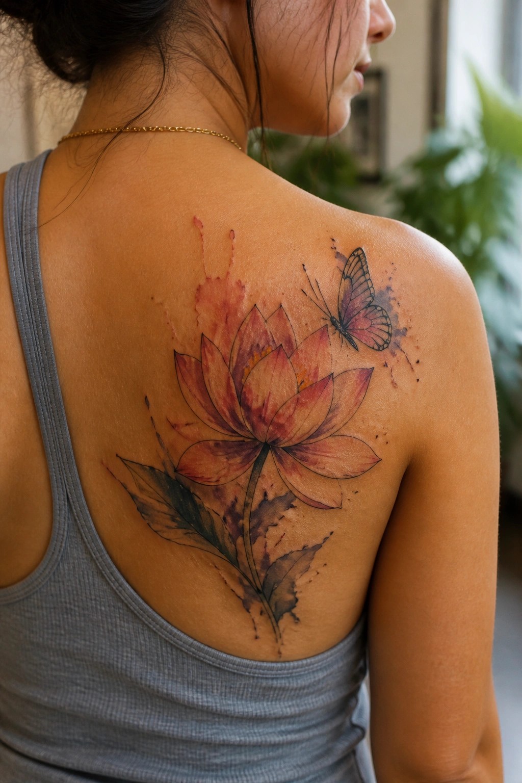 Woman's back in gray tank top with red watercolor lotus and butterfly tattoo