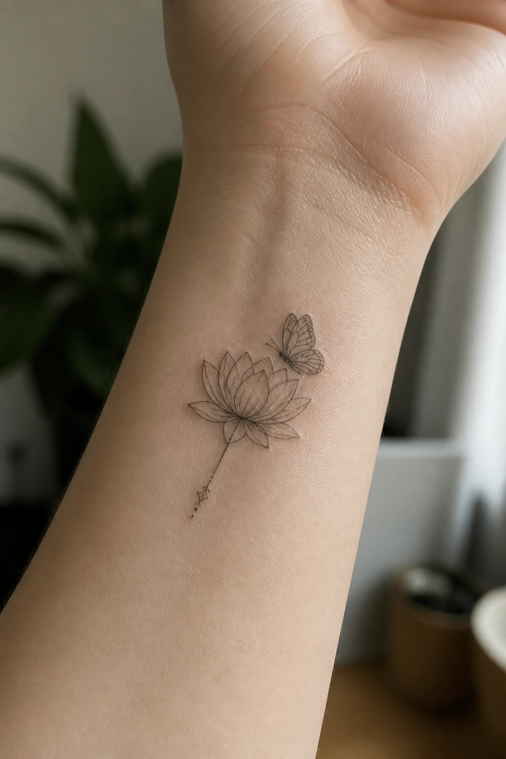 Minimalist black line tattoo of lotus flower with butterfly and star on wrist.