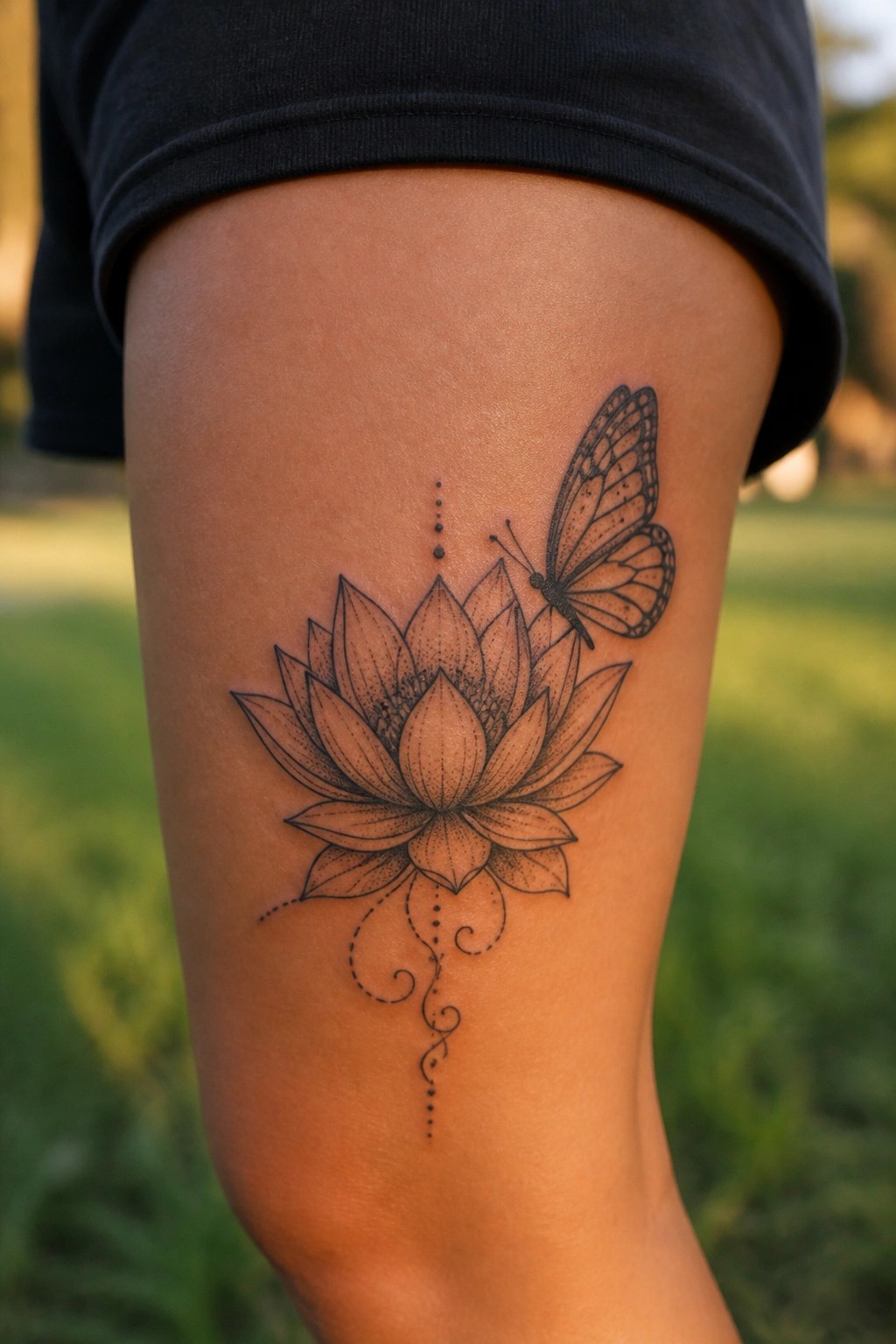 Fine line black lotus tattoo with butterfly on the upper thigh and dotted swirls extending below the bloom